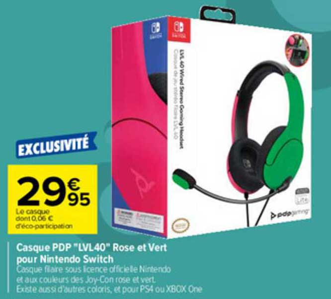 casque pdp "lvl40" rose et vert pour nintendo switch