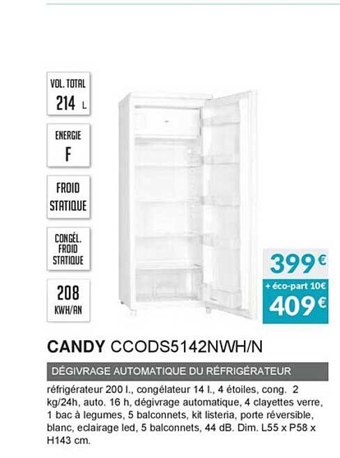 dégivrage automatique du réfrigérateur candy ccods5142nwh-n