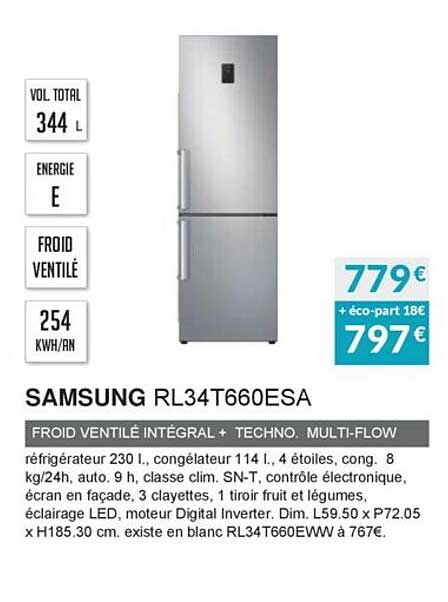 froid ventilé intégral + techno. multi-flow samsung rl34t660esa