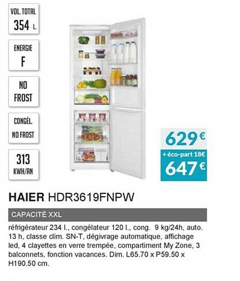 haier hdr3619fnpw capacité xxl