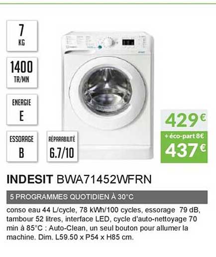 indesit bwa71452wfrn 5 programmes quotidien à 30°