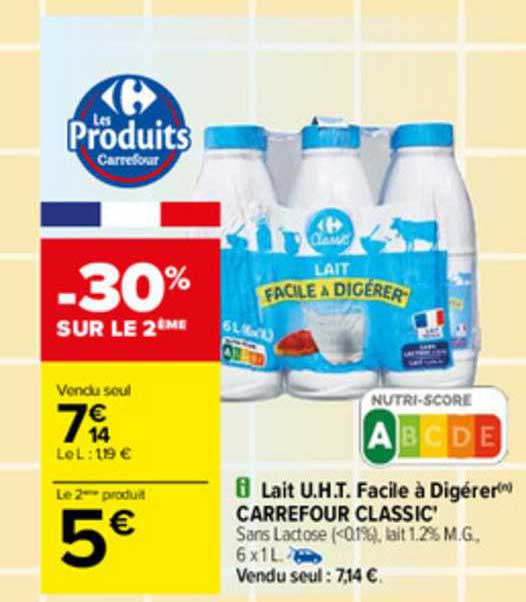 lait u.h.t. facile à digérer carrefour classic'