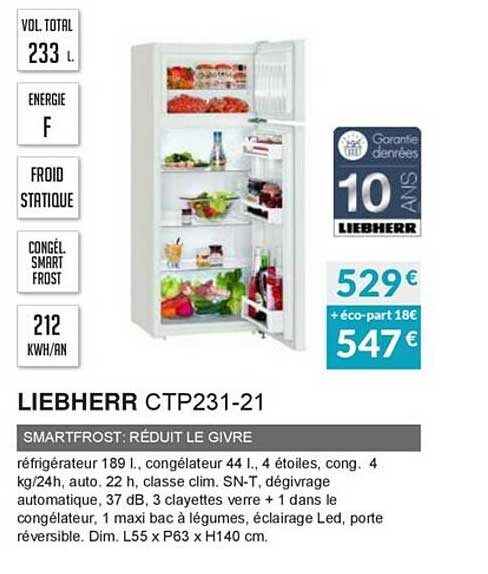 liebherr ctp231-21 smartfrost : réduit le givre