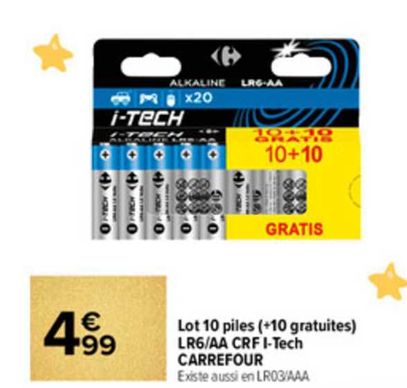 lot 10 piles (+10 gratuites) lr6-aa crf i-tech carrefour