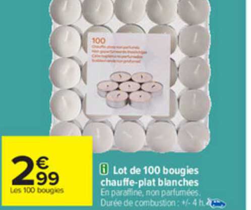 lot de 100 bougies chauffe-plat blanches