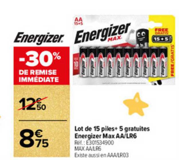 lot de 15 piles + 5 gratuites energizer max aa-lr6