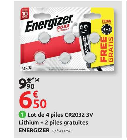 lot de 4 piles cr2032 3v lithium + 2 piles gratuites energizer