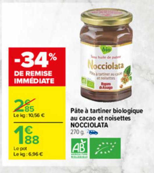 Pâte à Tartiner Biologique Au Cacao Et Noisettes Nocciolata