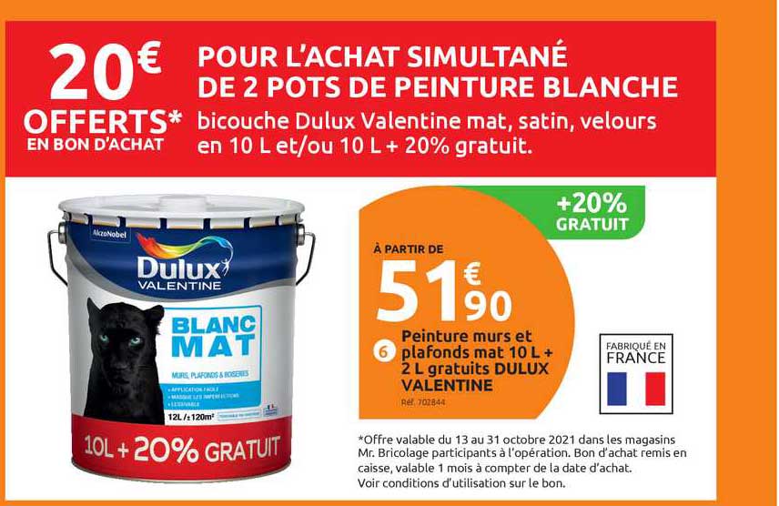 peinture murs et plafond mat 10 l + 2 l gratuits dulux valentine