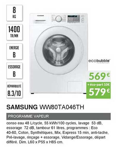 samsung ww80ta046th programme vapeur