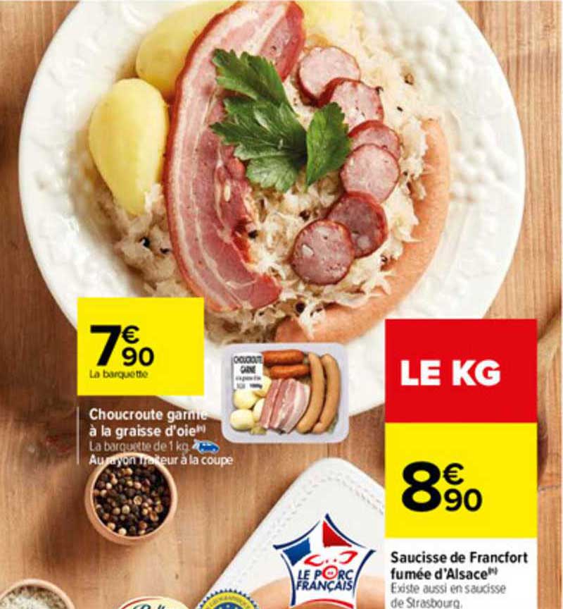 saucisse de francfort fumée d'alsace, choucroute garnie à la graisse d'oie