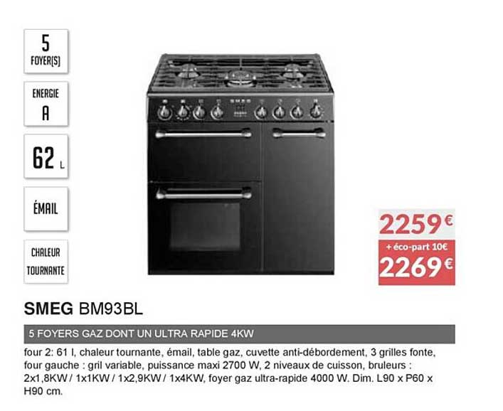 smeg bm93bl 5 foyers gaz dont un ultra rapide 4kw