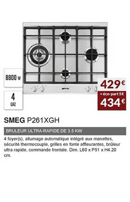 smeg p261xgh brûleur ultra-rapide de 3.5 kw