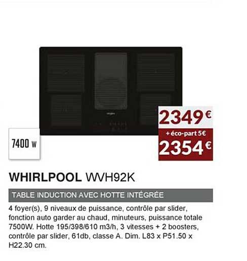 table induction avec hotte intégrée whirlpool wvh92k