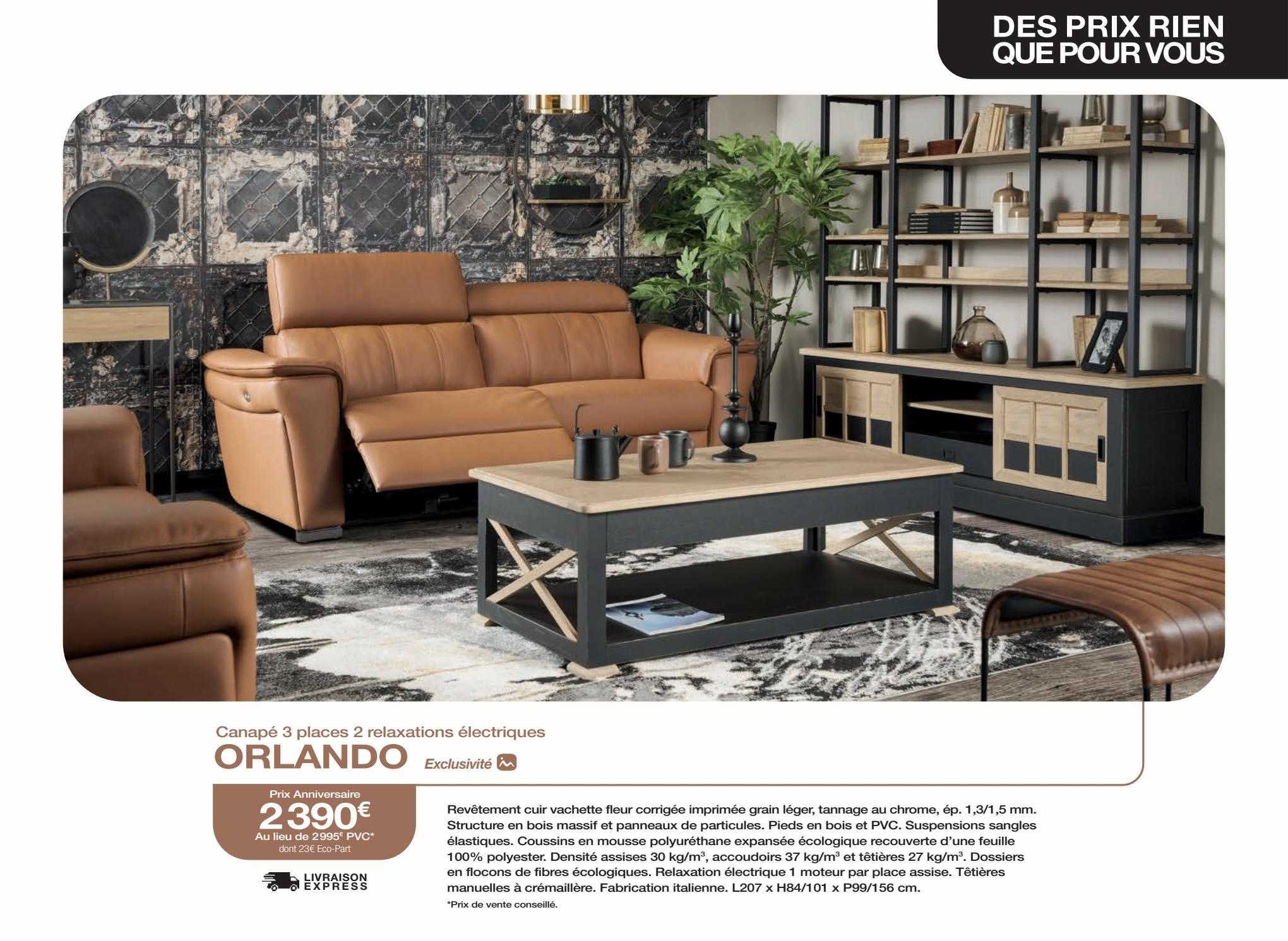 canapé 3 places 2 relaxations électriques orlando