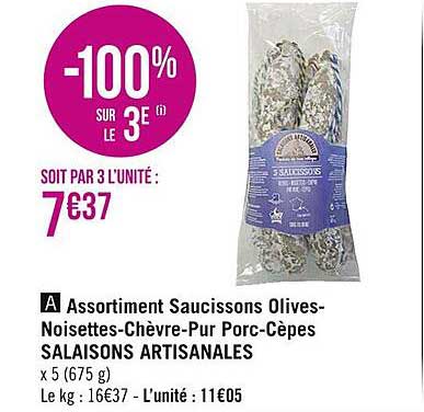 Assortiment Saucissons Olives-noisettes-chèvre-pur Porc-cèpes Salaisons Artisanales