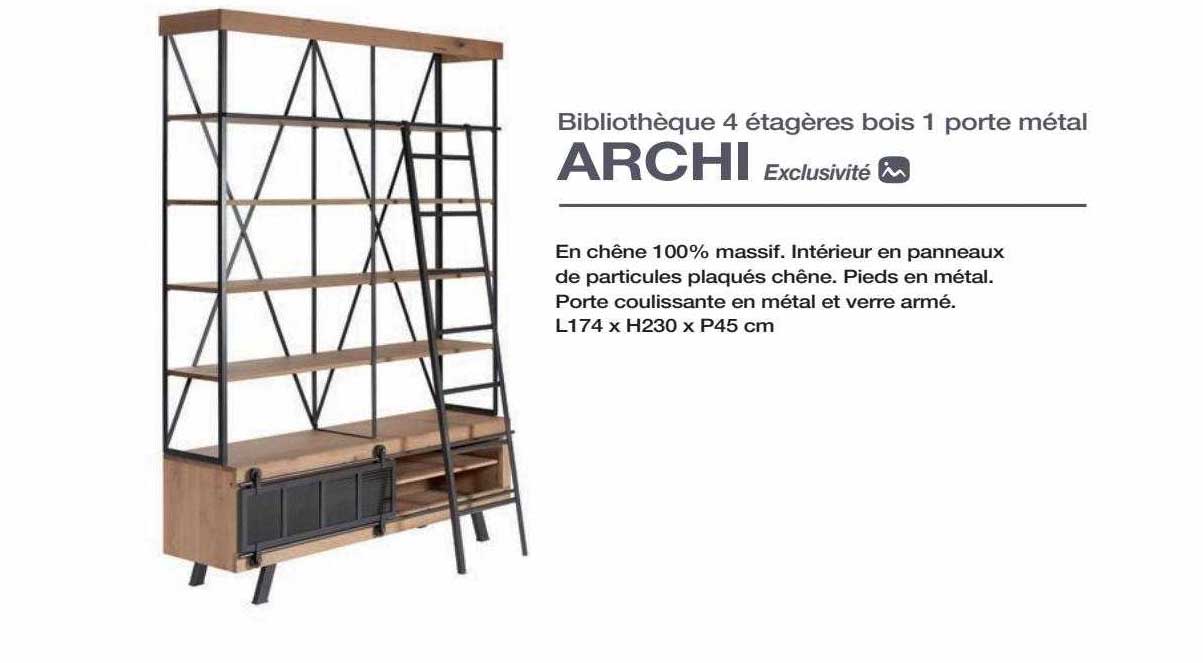 bibliothèque 4 étagères bois 1 porte métal archi