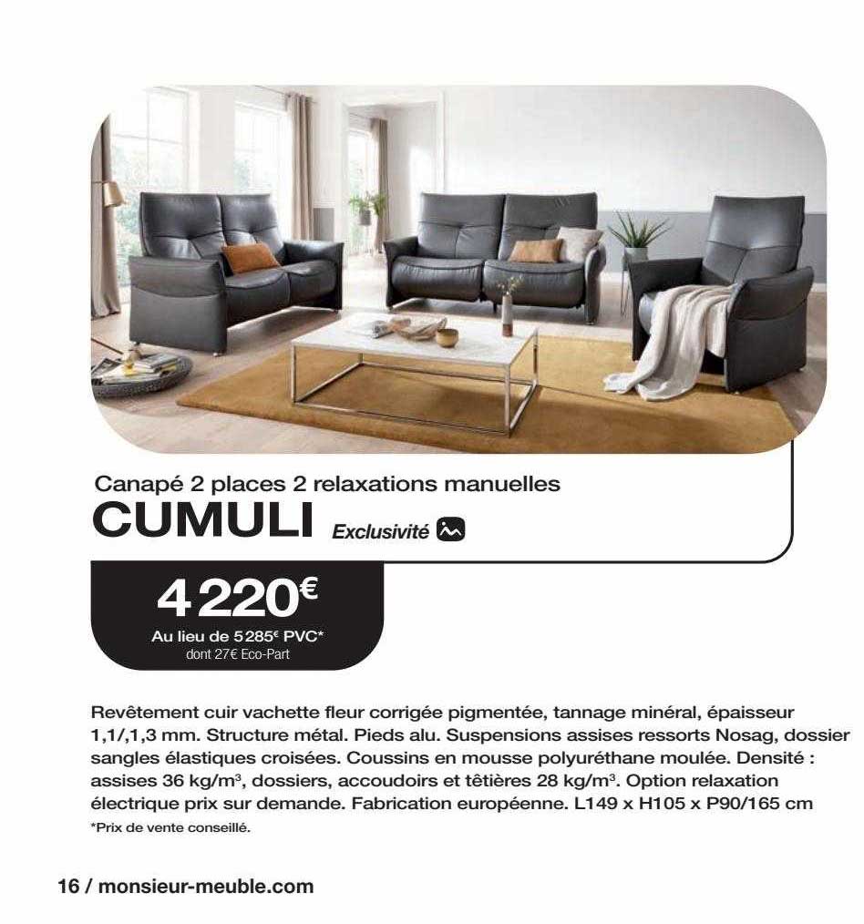 canapé 2 places 2 relaxations manuelles cumuli