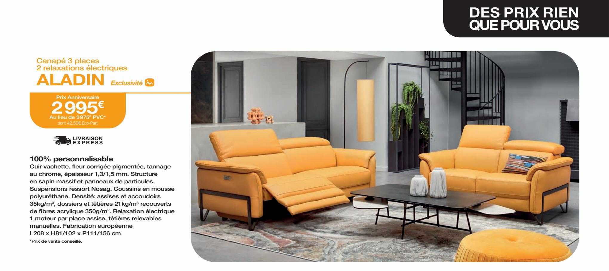 canapé 3 places 2 relaxations électriques aladin