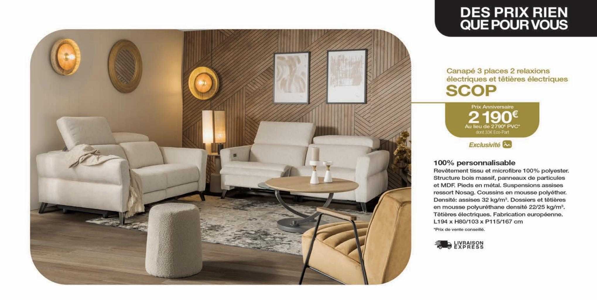 Canapé 3 Places 2 Relaxions électriques Et Têtières électriques Scop