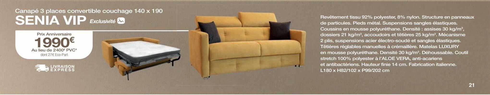 canapé 3 places convertible couchage 140 x 190 senia vip