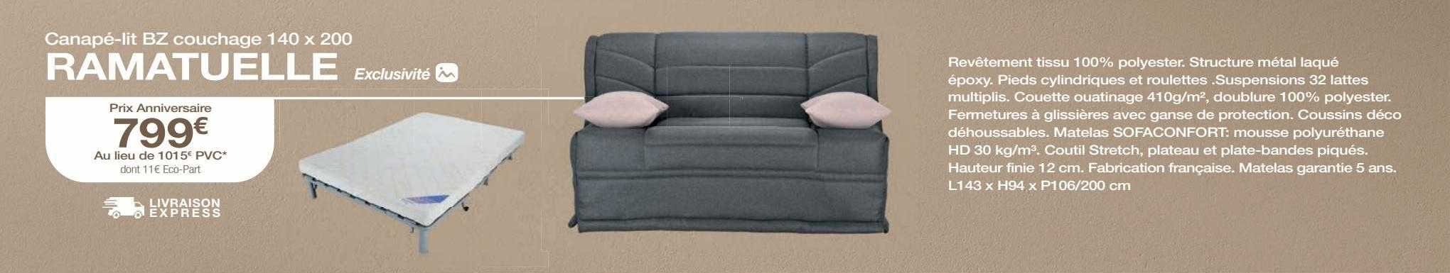 canapé-lit bz couchage 140 x 200 ramatuelle