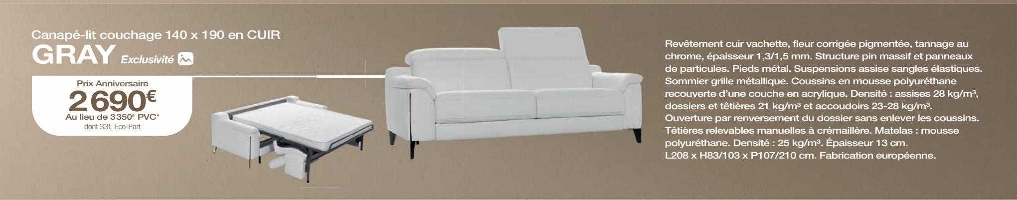 canapé-lit couchage 140 x 190 en cuir gray