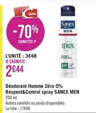 déodorant homme zéro 0% respect & control spray sanex men