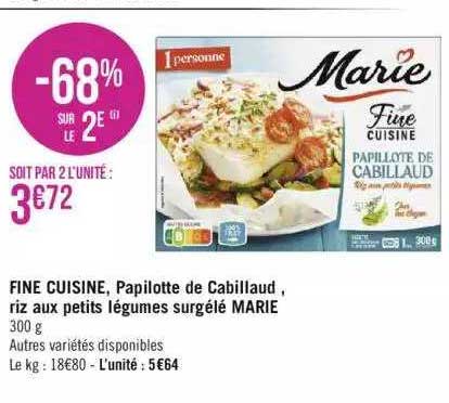 Fine Cuisine, Papilotte De Cabillaud, Riz Aux Petits Légumes Surgelé Marie