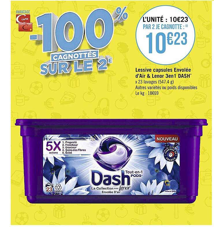 lessive capsules envolée d'air & lenor 3 en 1 dash