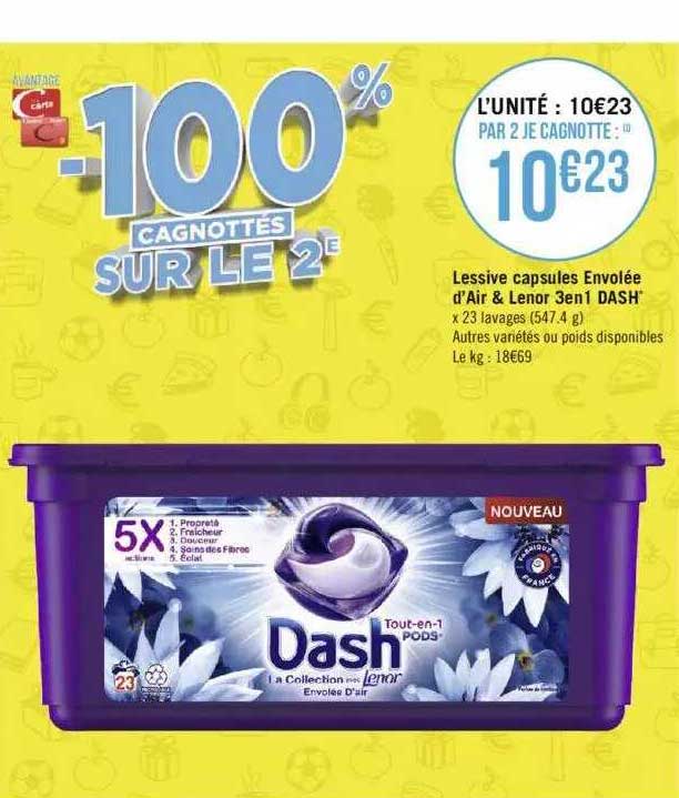 lessive capsules envolée d'air & lenor 3 en 1 dash