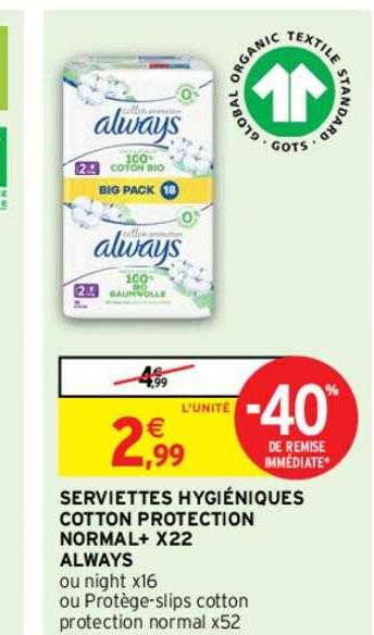serviettes hygiéniques cotton protection normal+ x22 always