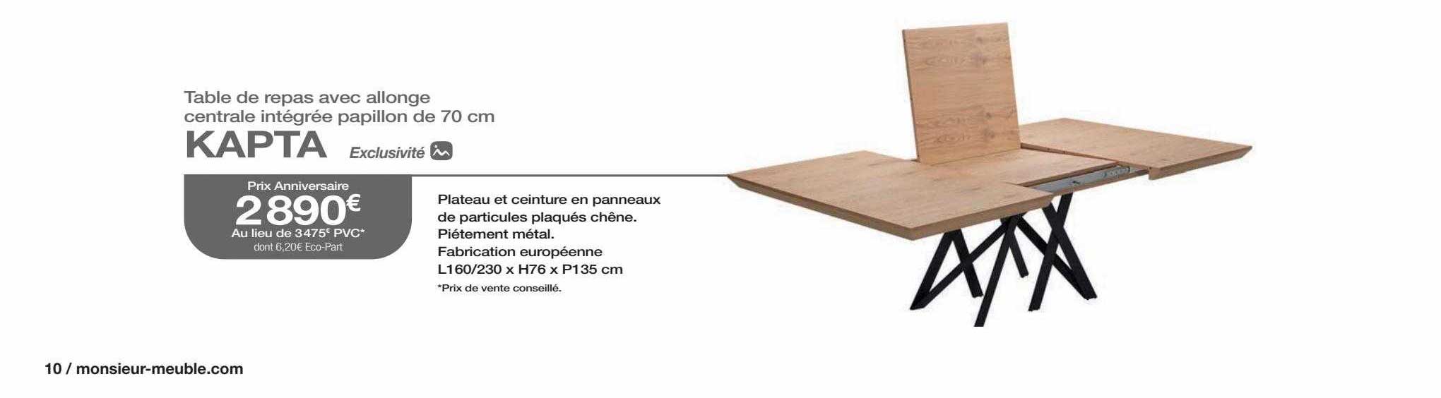 table de repas avec allonge centrale intégrée papillon de 70 cm kapta