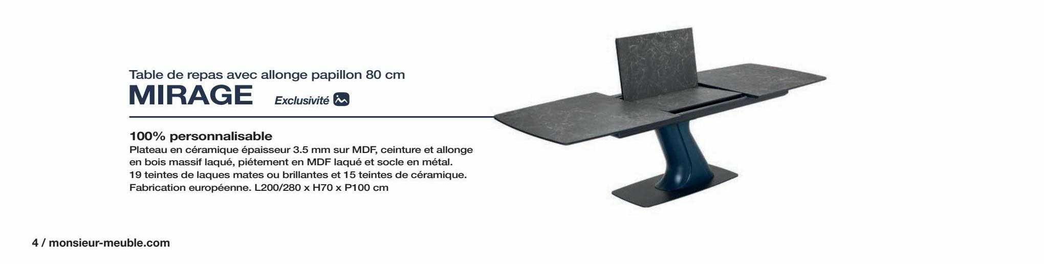 table de repas avec allonge papillon 80 cm mirage