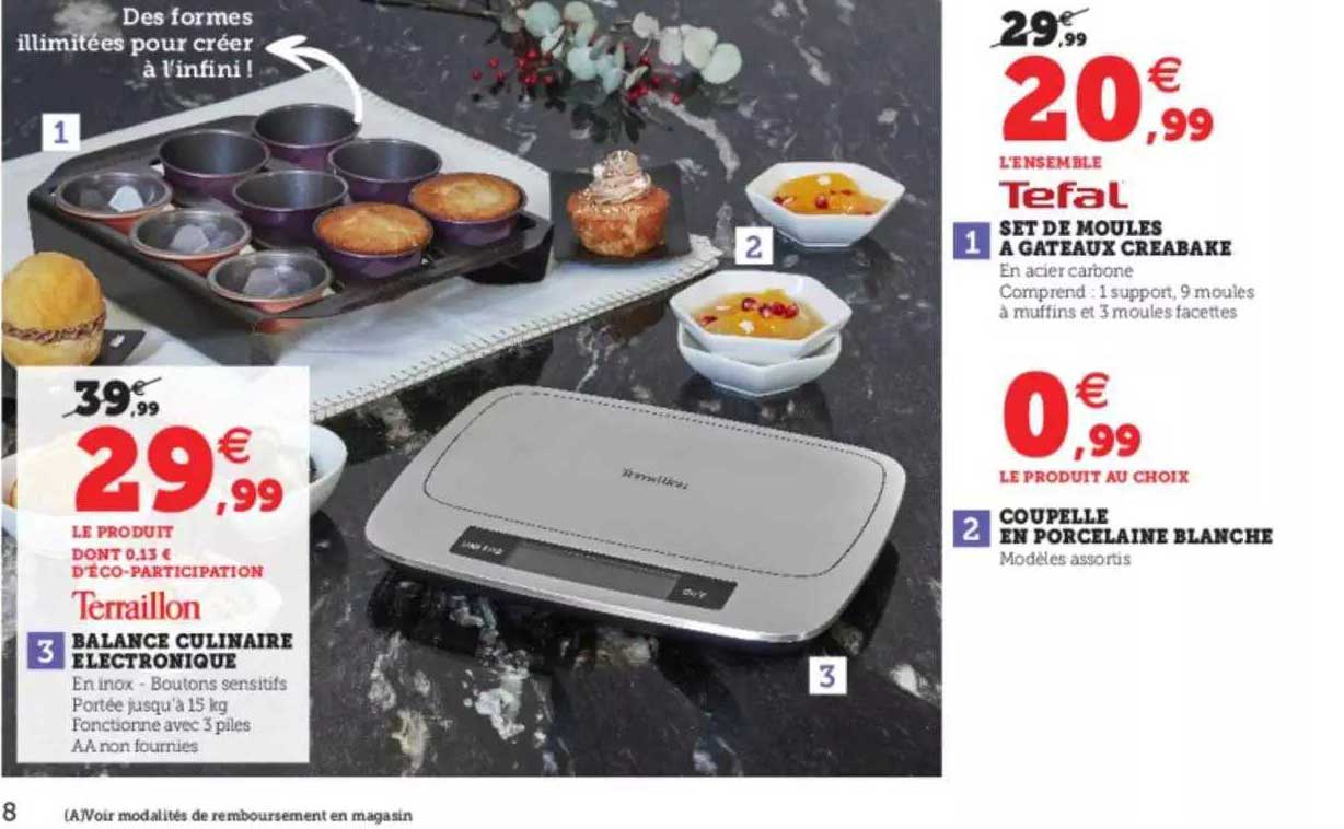 balance culinaire électronique, set de moules à gâteau creabake, coupelle en porcelaine blanche