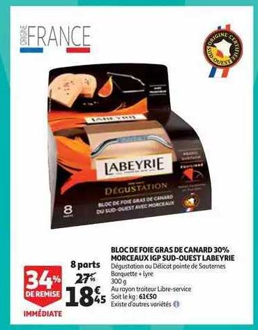 bloc de foie gras de canard 30% morceaux igp sud-ouest labeyrie