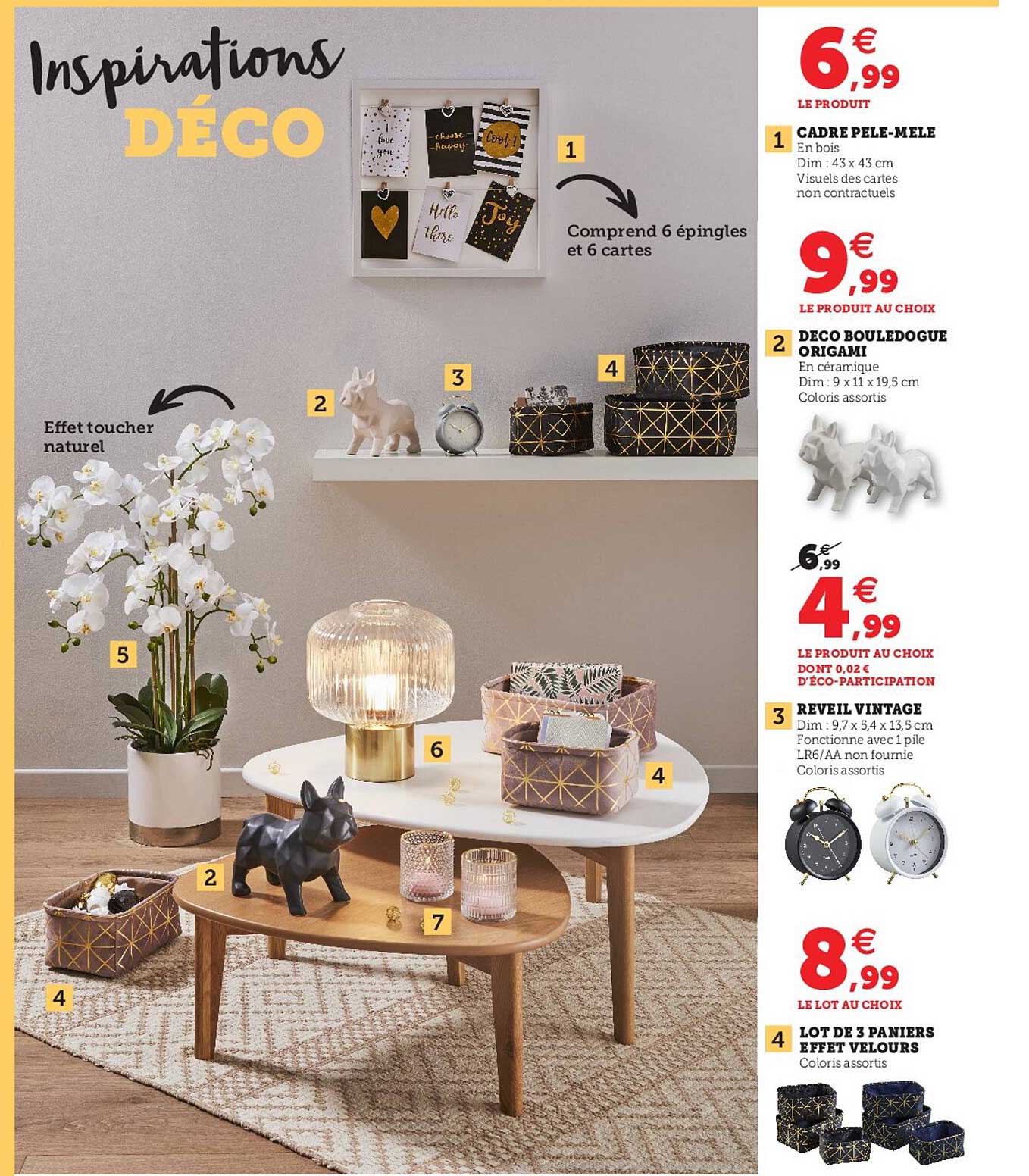 cadre pêle-mêle, déco bouledogue origami, reveil vintage, lot de 3 paniers effet velours