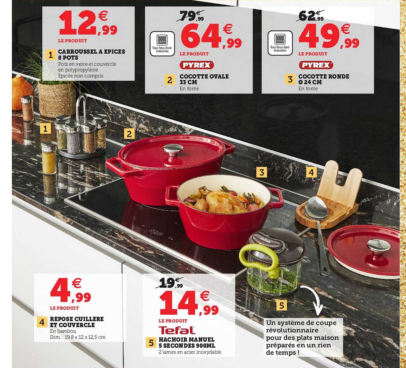 carrousel à épices 8 pots, cocotte ovale 33 cm, cocotte ronde ø24 cm, repose cuillère et couvercle, hachoir manuel 5 secondes 900ml