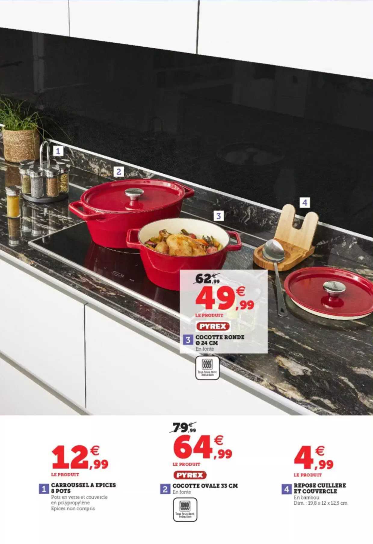 cocotte ronde ø24 cm, carroussel à épices 8 pots, cocotte ovale 33 cm, repose cuillère et couvercle