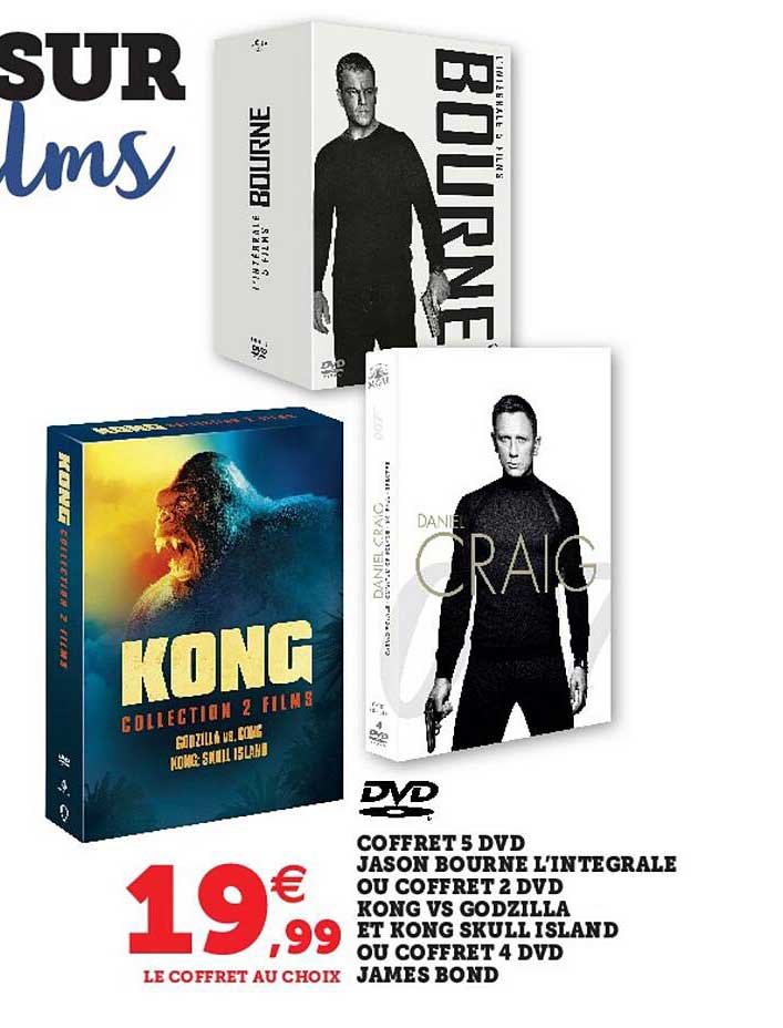 coffret 5 dvd jason bourne l'integrale ou coffret 2 dvd kong vs godzilla et kong skull island ou coffret 4 dvd james bond