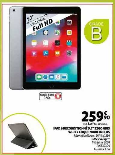 ipad 6 reconditionné 9.7" 32go gris wi-fi + coque noire inclus