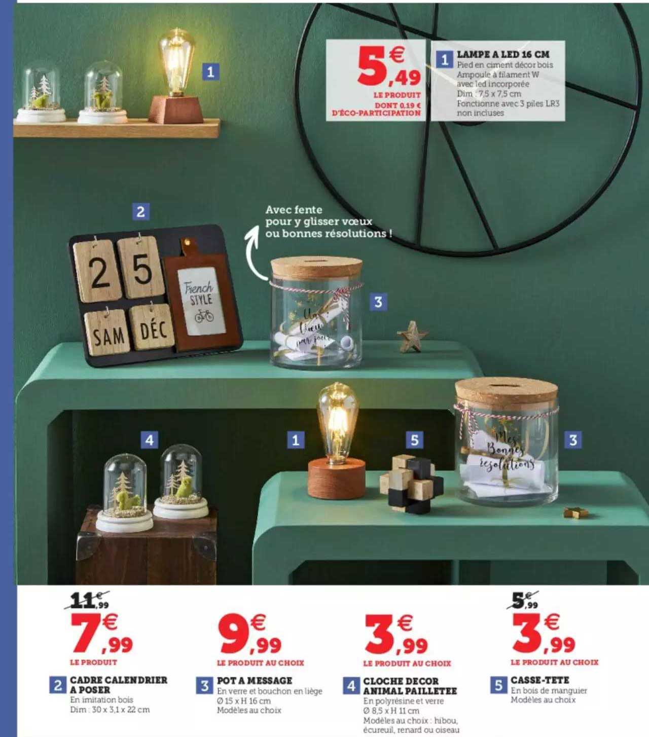 lampe à led 16 cm, cadre calendrier à poser, pot à message, cloche décor animal pailletée, casse-tête