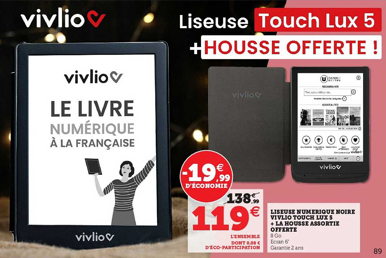 liseuse numérique noire vivlio touch lux 5 + la housse assortie offerte
