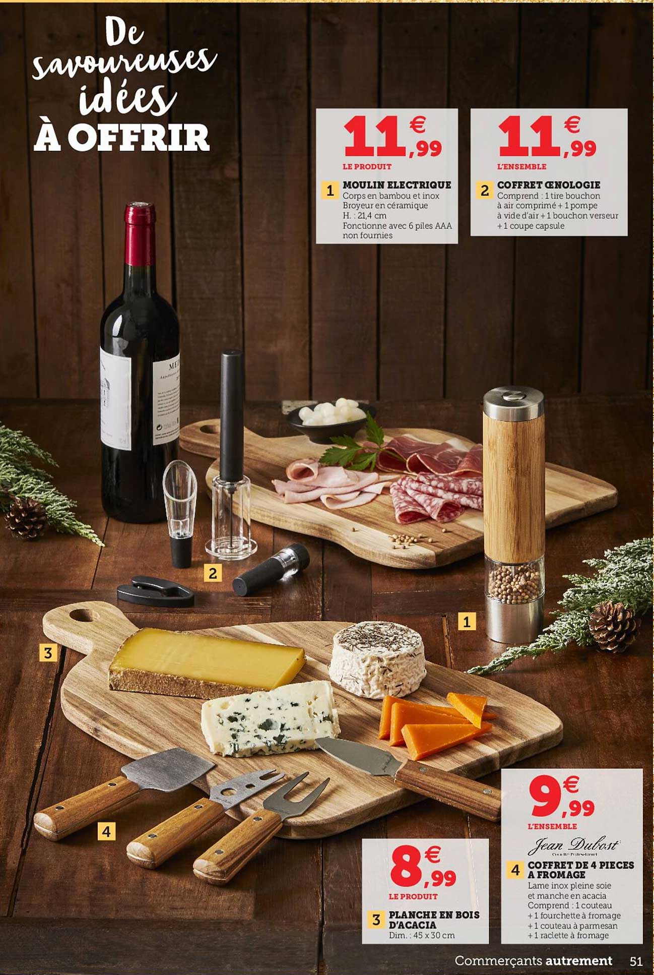 moulin électrique, coffret œnologie, planche en bois d'acacia, coffret de 4 pièces à fromage
