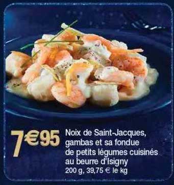 noix de saint-jacques, gambas et sa fondue de petits légumes cuisinés au beurre d'isigny