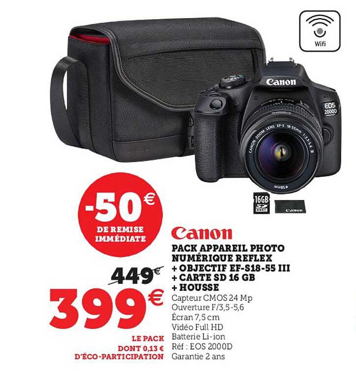 pack appareil photo numérique reflex + objectif ef-s18-55 iii + carte sd 16 gb + housse canon