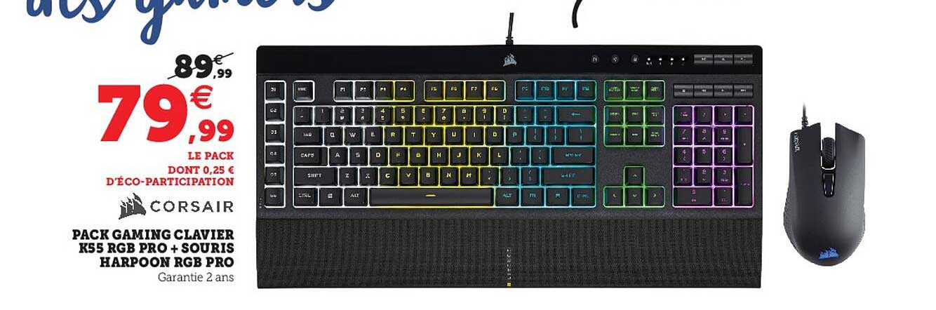 pack gaming clavier k55 rgb pro + souris harpoon rgb pro corsair