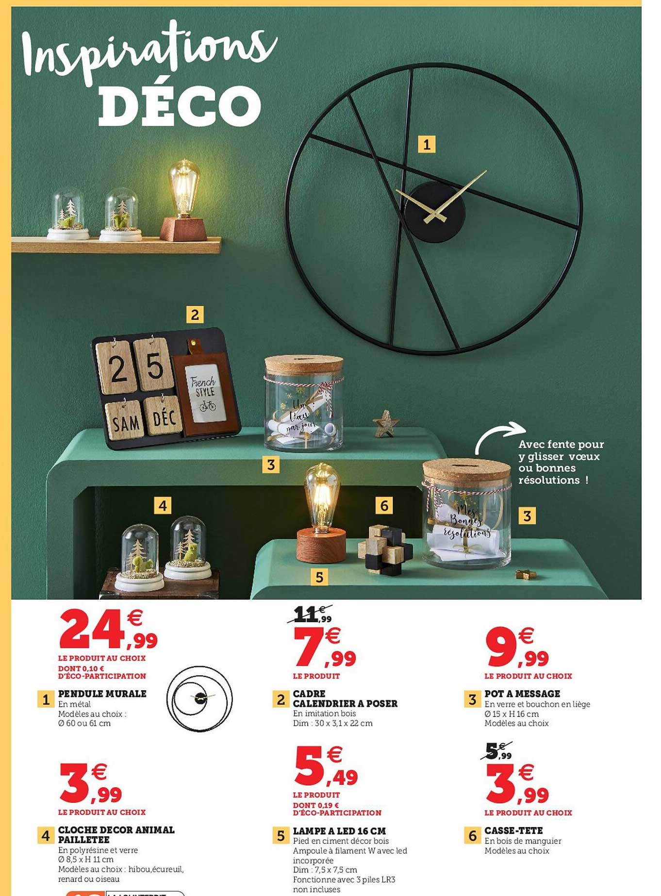 pendule murale, cloche décor animal pailletée, cadre calendrier à poser, lampe à led 16 cm, pot à message, casse-tête