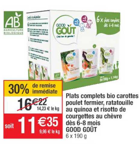 plats complets bio carottes poulet fermier, ratatouille au quinoa et risotto de courgettes au chèvre dès 6-8 mois good goût