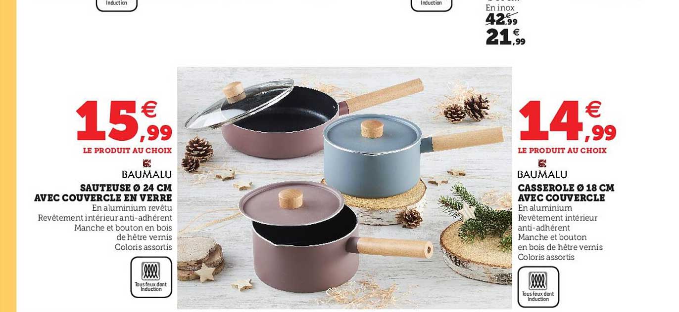 sauteuse ø24 cm avec couvercle en verre, casserole ø18 cm avec couvercle baumalu